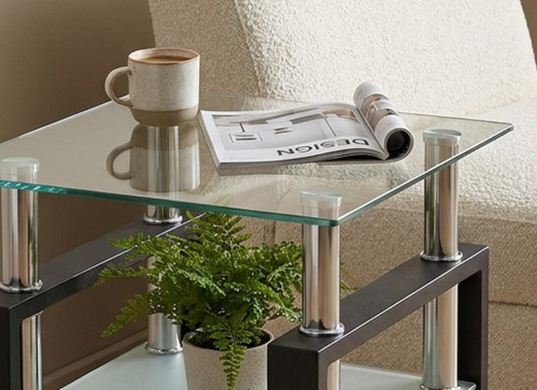 Square tempered glass tea table, tabletop styling close-up