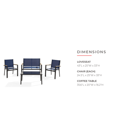 Textilene patio conversation set with glass-top table dimensions - loveseat 43x25x33 inch, chair 24.5x25x33 inch, coffee table 35.6x20x16.2 inch (dimensions)