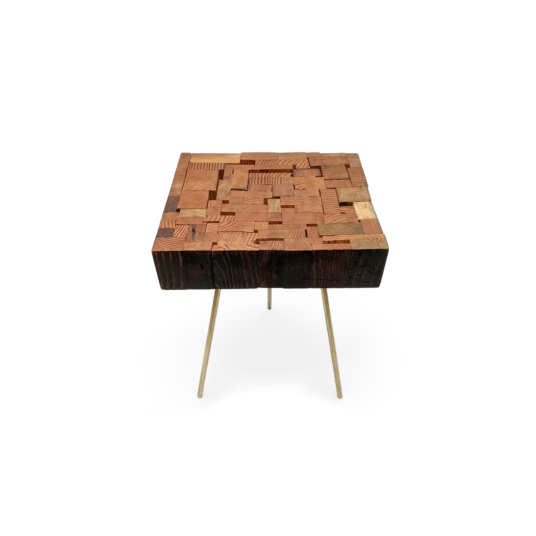 Reclaimed Wood Side Table, Handmade with Brass Hexagon Legs