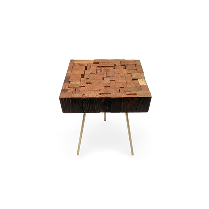 Reclaimed Wood Side Table, Handmade with Brass Hexagon Legs