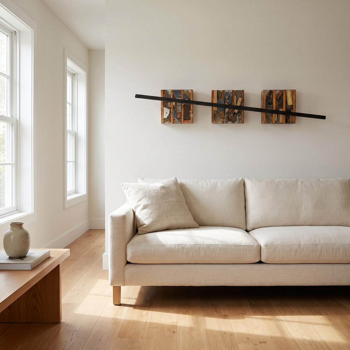 Three panel wood wall art hung above a linen sofa in a bright living room