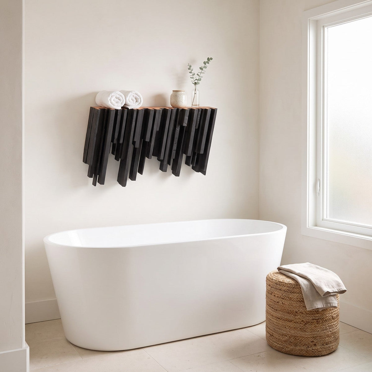 Torched floating shelf above a freestanding tub in a bright spa bathroom, wide view