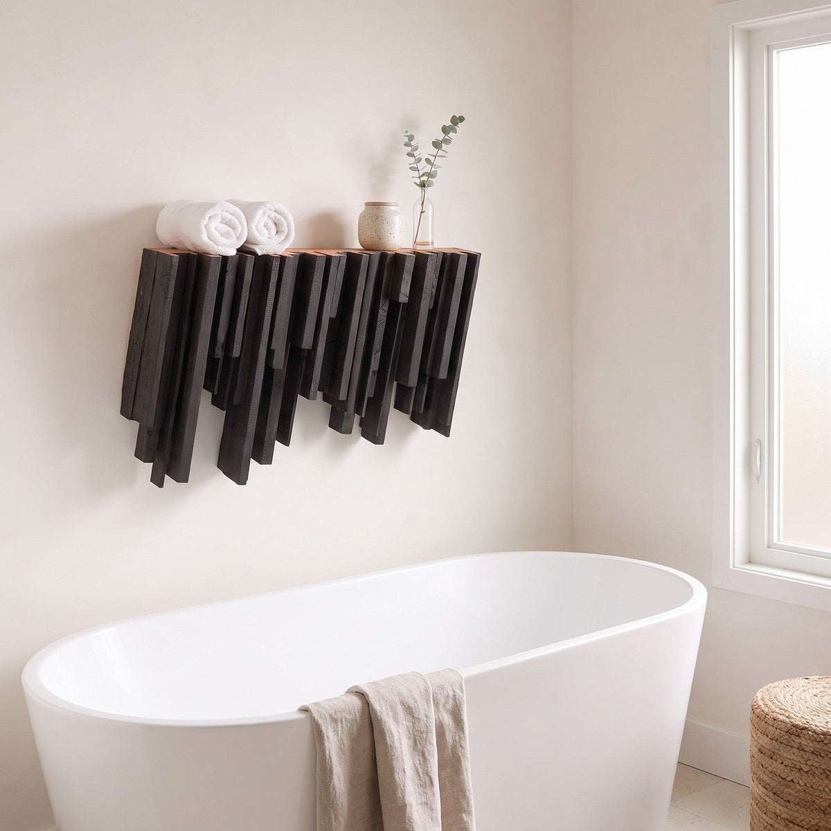 Torched floating shelf in a bright spa bathroom, closer view from the window side