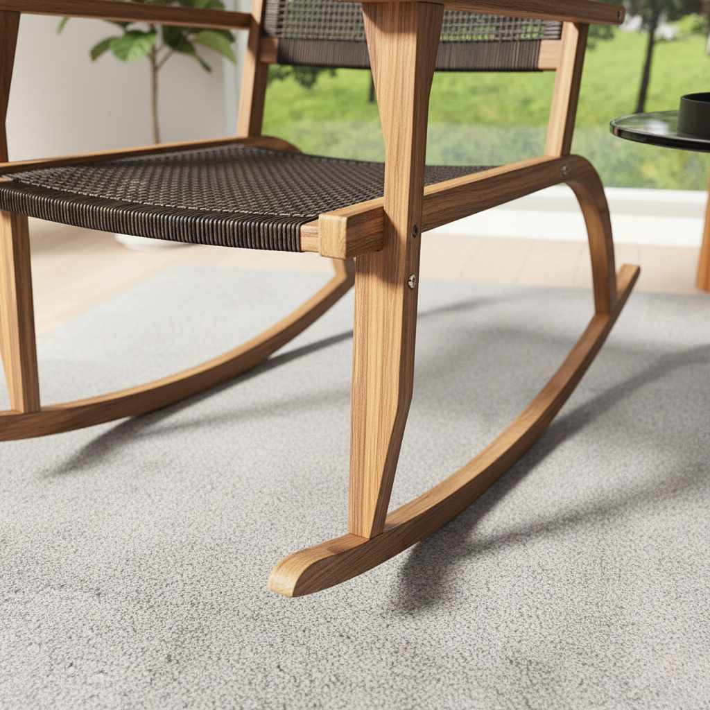 Transitional acacia wood rockers with white woven seats, positioned by large windows to create a cozy indoor reading nook.