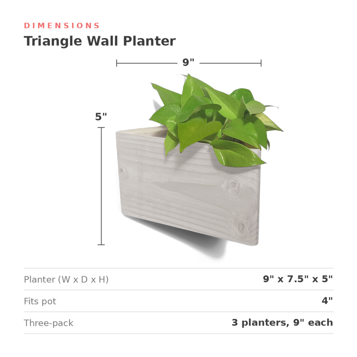 Dimensions card for the triangle wall planter, 9 inches wide, 7.5 deep and 5 high