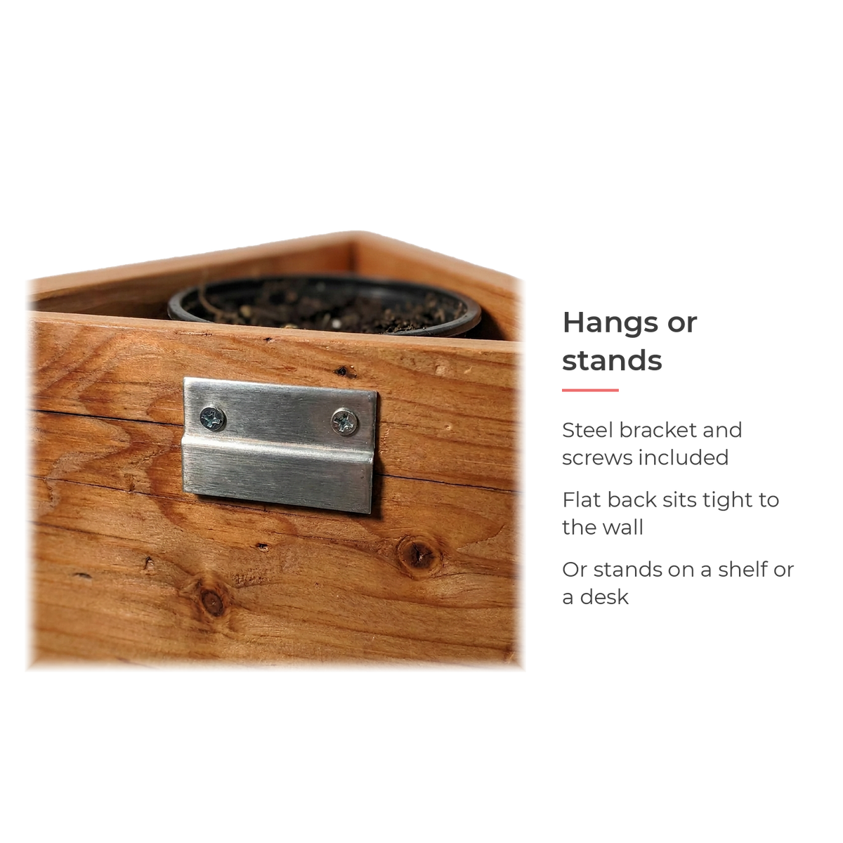 Spec card: hangs on the wall or stands on a shelf