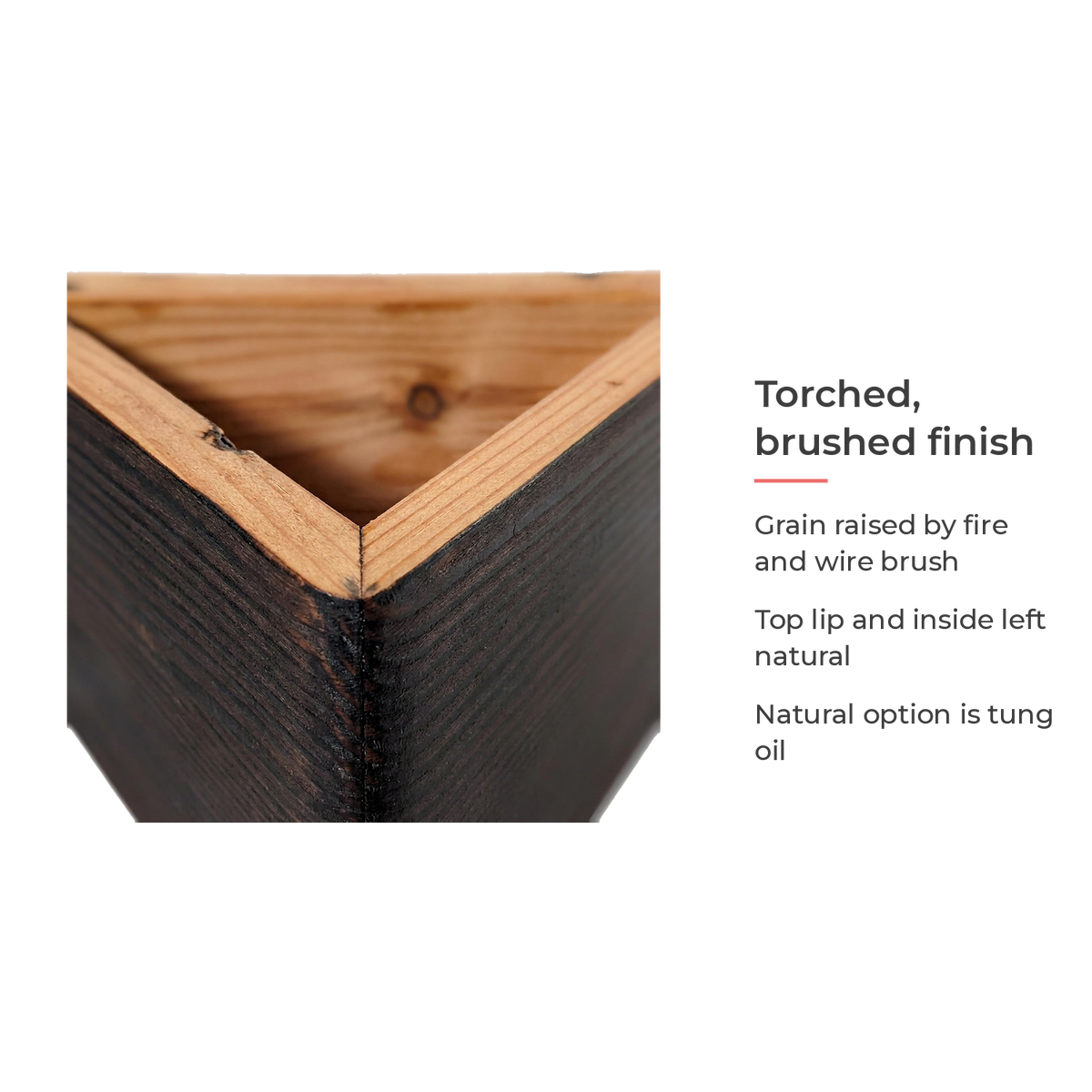 Spec card: torched, brushed finish