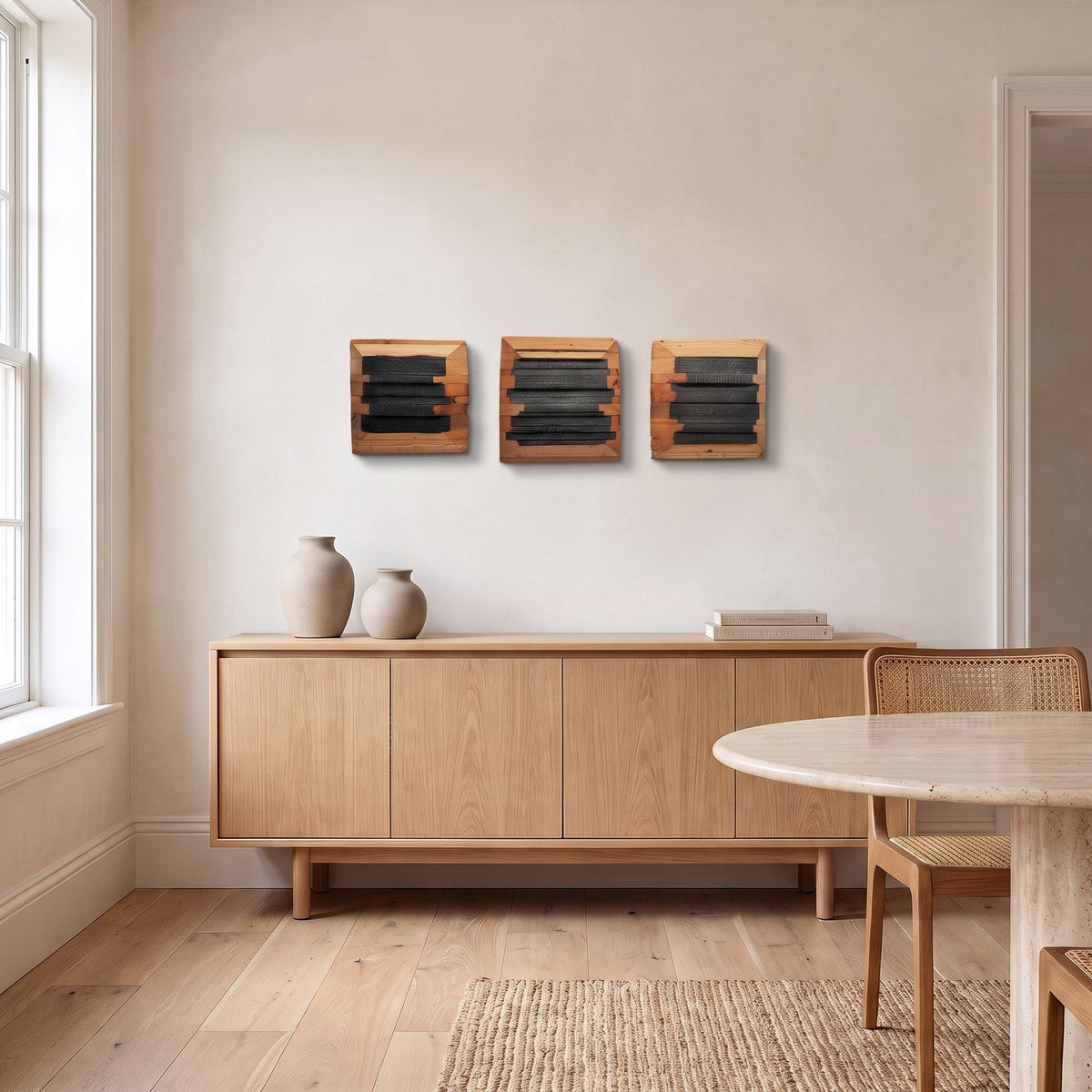 Triptych wall sculpture hung above a light oak sideboard in a bright dining room