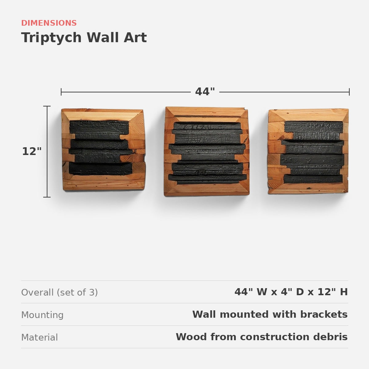 Triptych Wood Wall Art, 44 Inch Charred Epoxy Sculpture