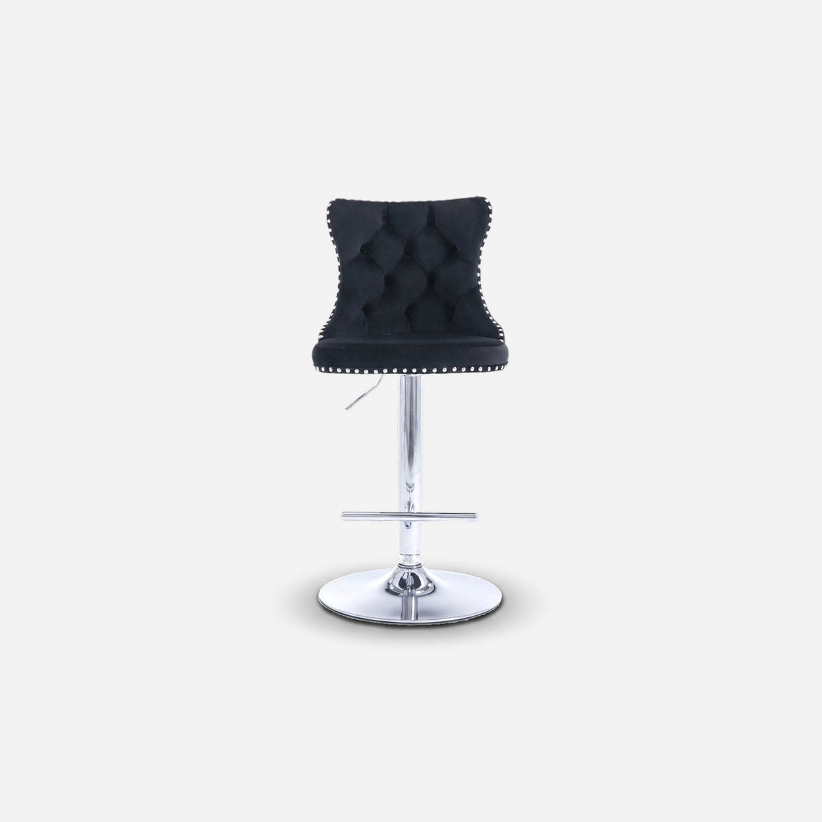 Tufted bar stool in black velvet with silver nailheads and chrome swivel base, straight front view