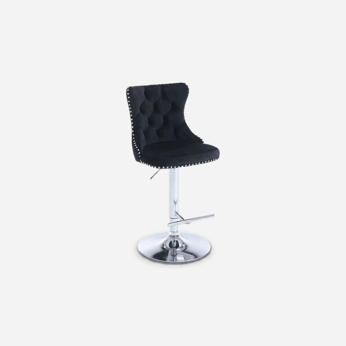 Adjustable bar stools set of 2 in black velvet on a swivel chrome base, three-quarter view
