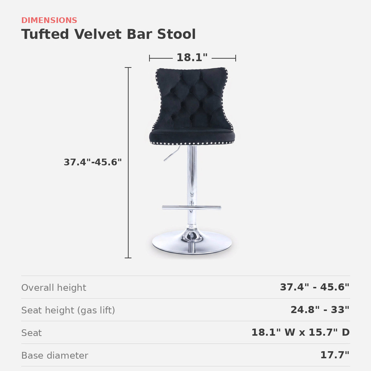 Dimensions card: 18.1 in wide, seat height 24.8 to 33 in, overall 37.4 to 45.6 in, base 17.7 in