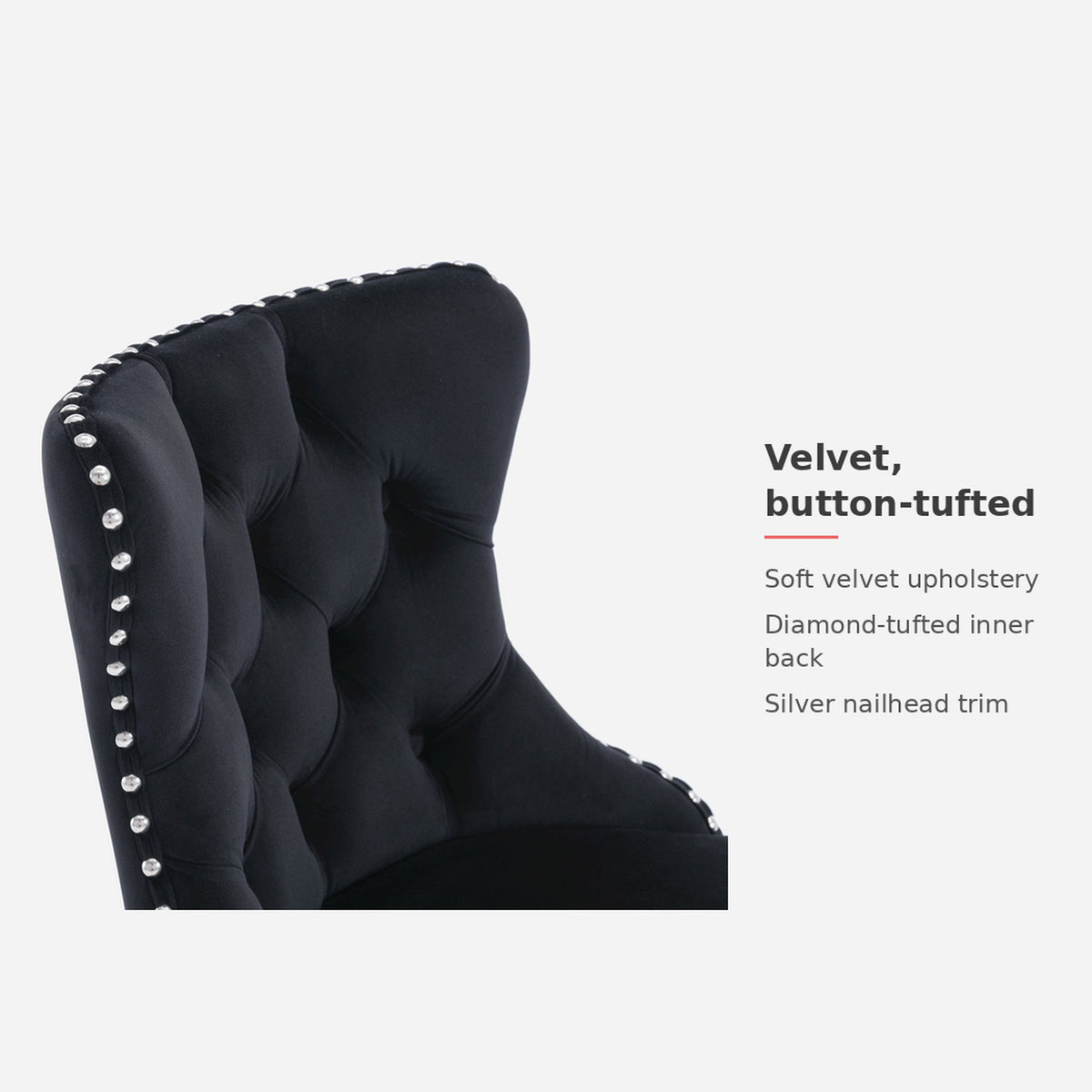 Spec card: soft velvet upholstery with diamond tufting and nailhead trim