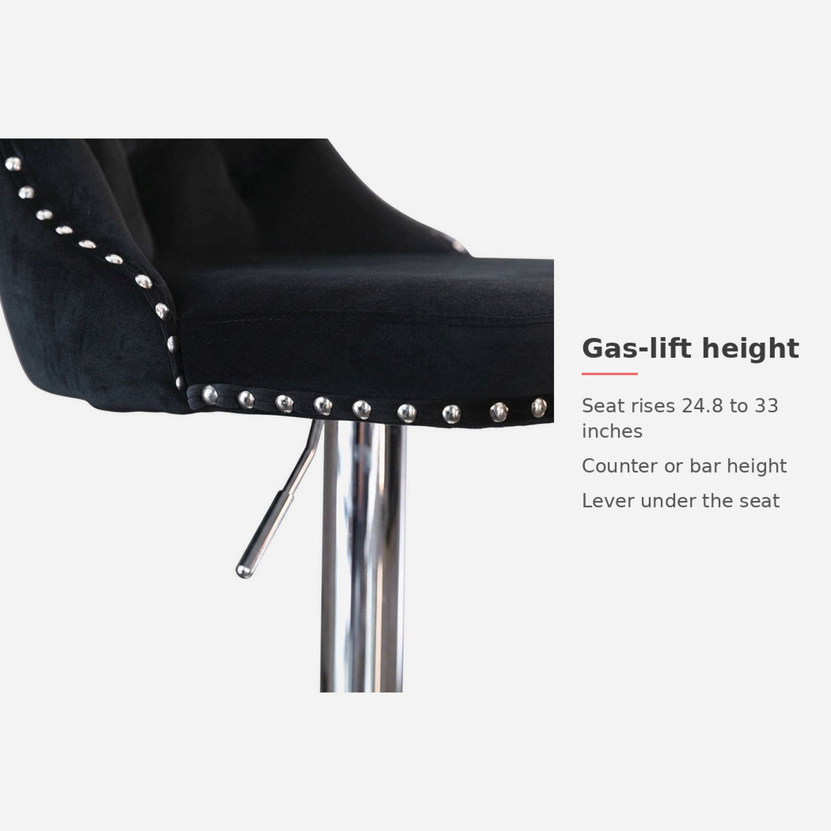 Spec card: gas-lift seat height from 24.8 to 33 inches