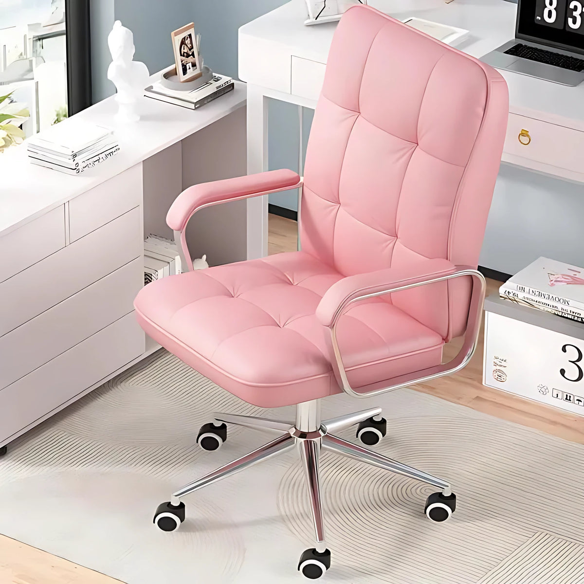 Pink office chair in a home office setting with a desk and decor.