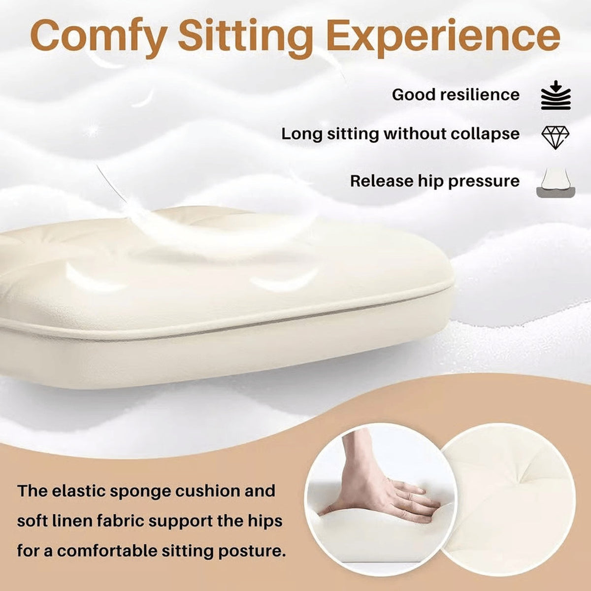 Leather desk chair cushion with elastic sponge and soft linen fabric for comfortable, hip-supporting seatin (feature callout)