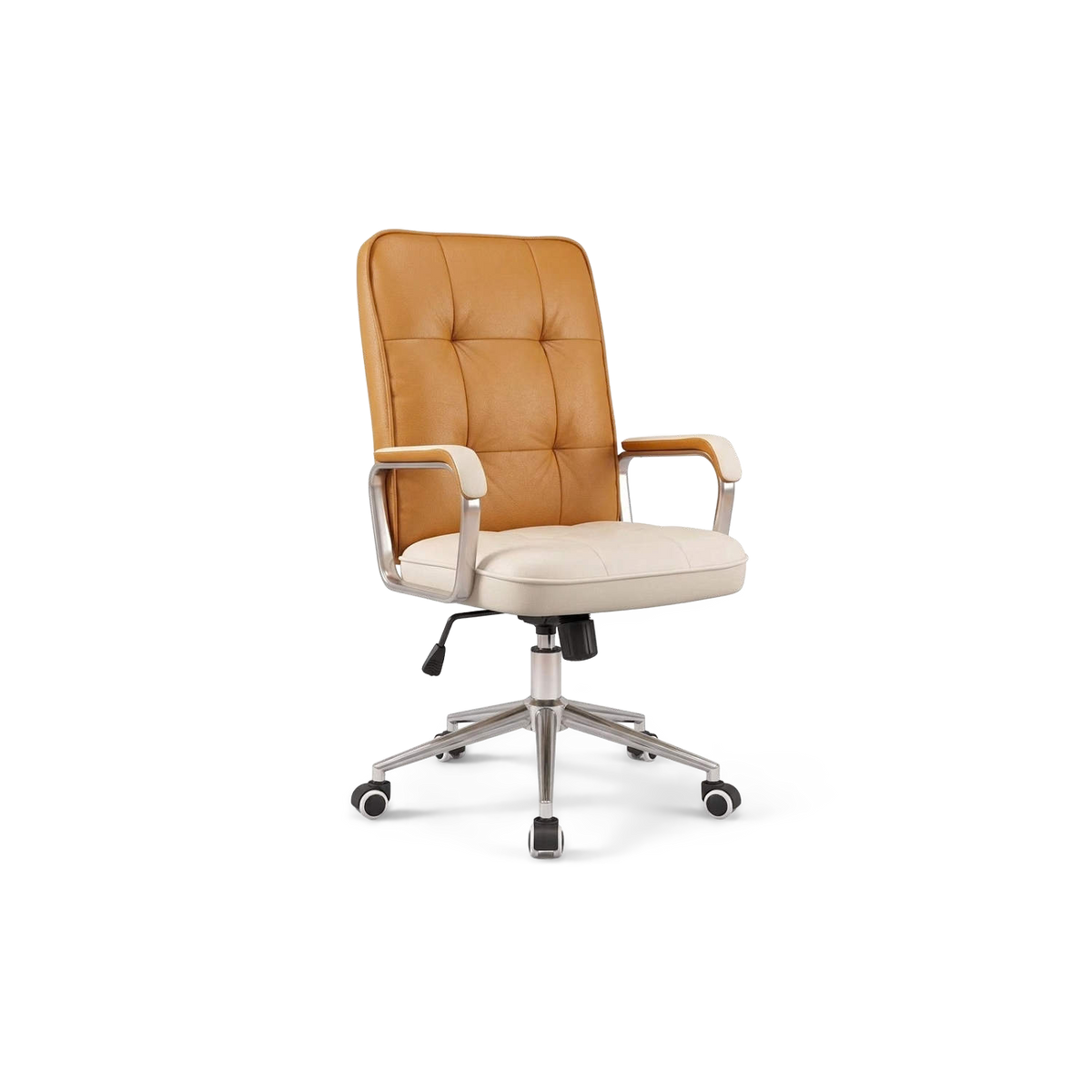 A modern office chair with a tufted tan leather backrest, cream-colored seat cushion, light wood armrests, and a chrome five-star wheeled base, shown against a plain white background.