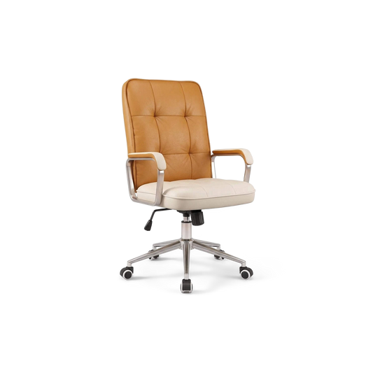 A modern office chair with a tufted tan leather backrest, cream-colored seat cushion, light wood armrests, and a chrome five-star wheeled base, shown against a plain white background.