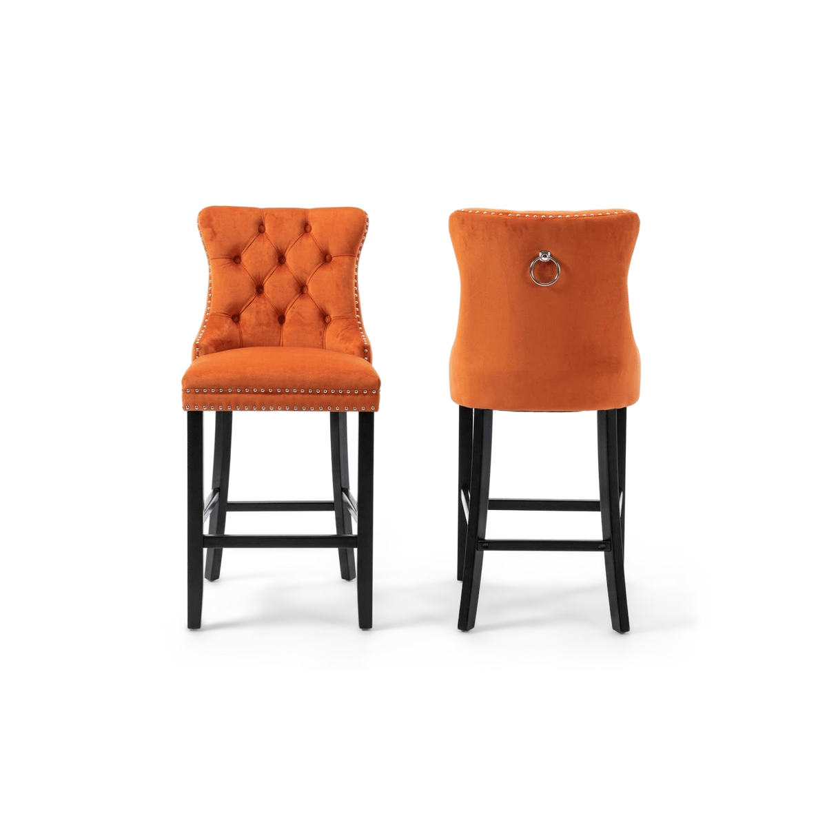 Nailhead counter stool set of 2 in orange velvet with black legs, on a #f3f3f3 studio ground