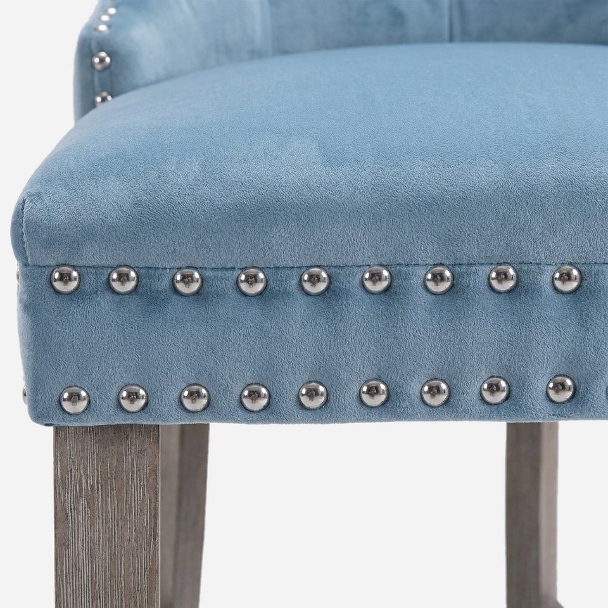 Two rows of domed chrome nailheads along the velvet seat front (close-up detail)