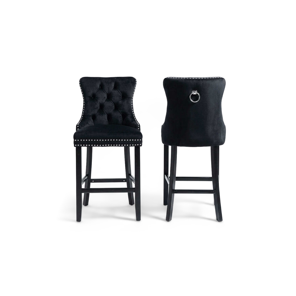 Black velvet stools with black legs, front and back (plain studio)