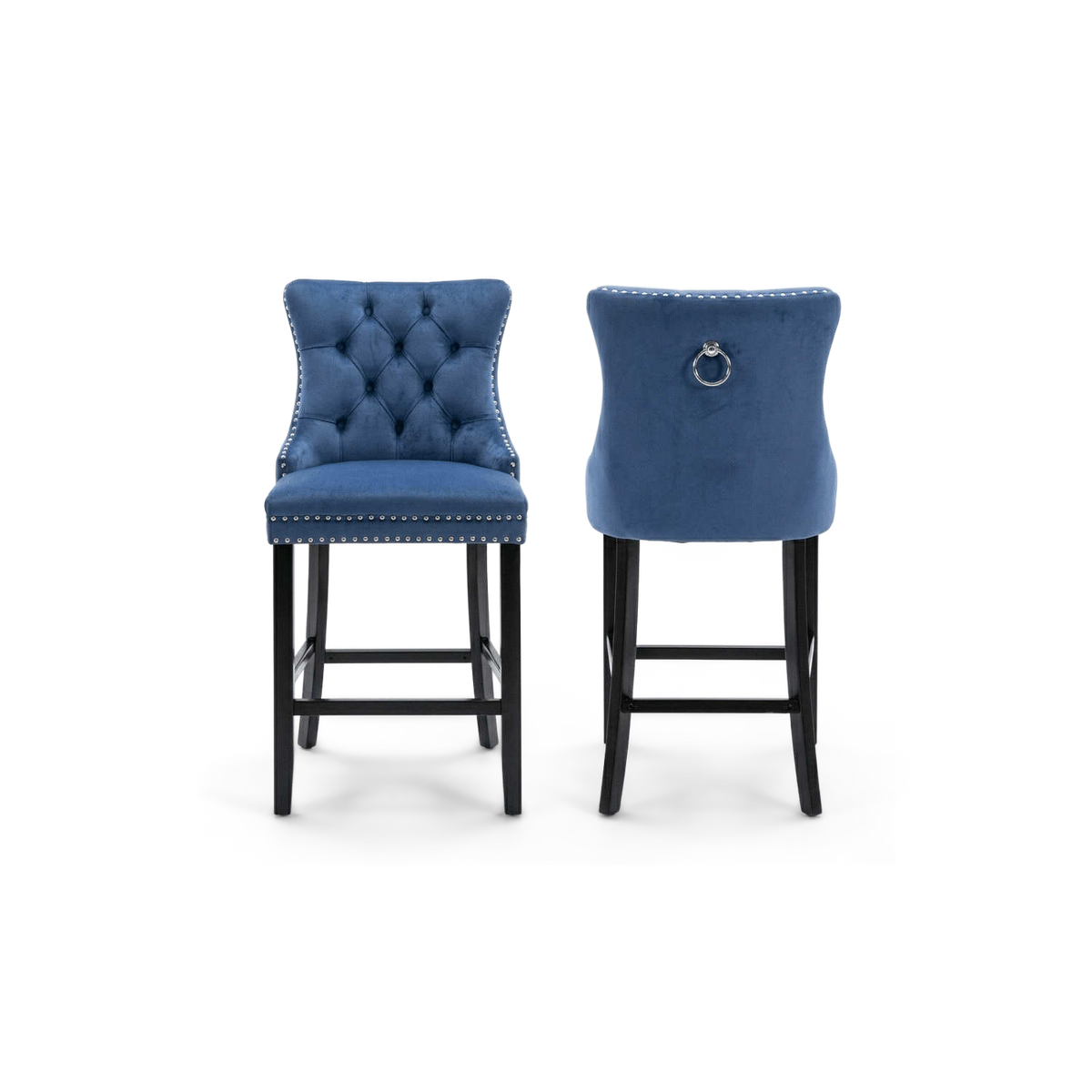 Navy blue velvet stools with black legs, front and back (plain studio)