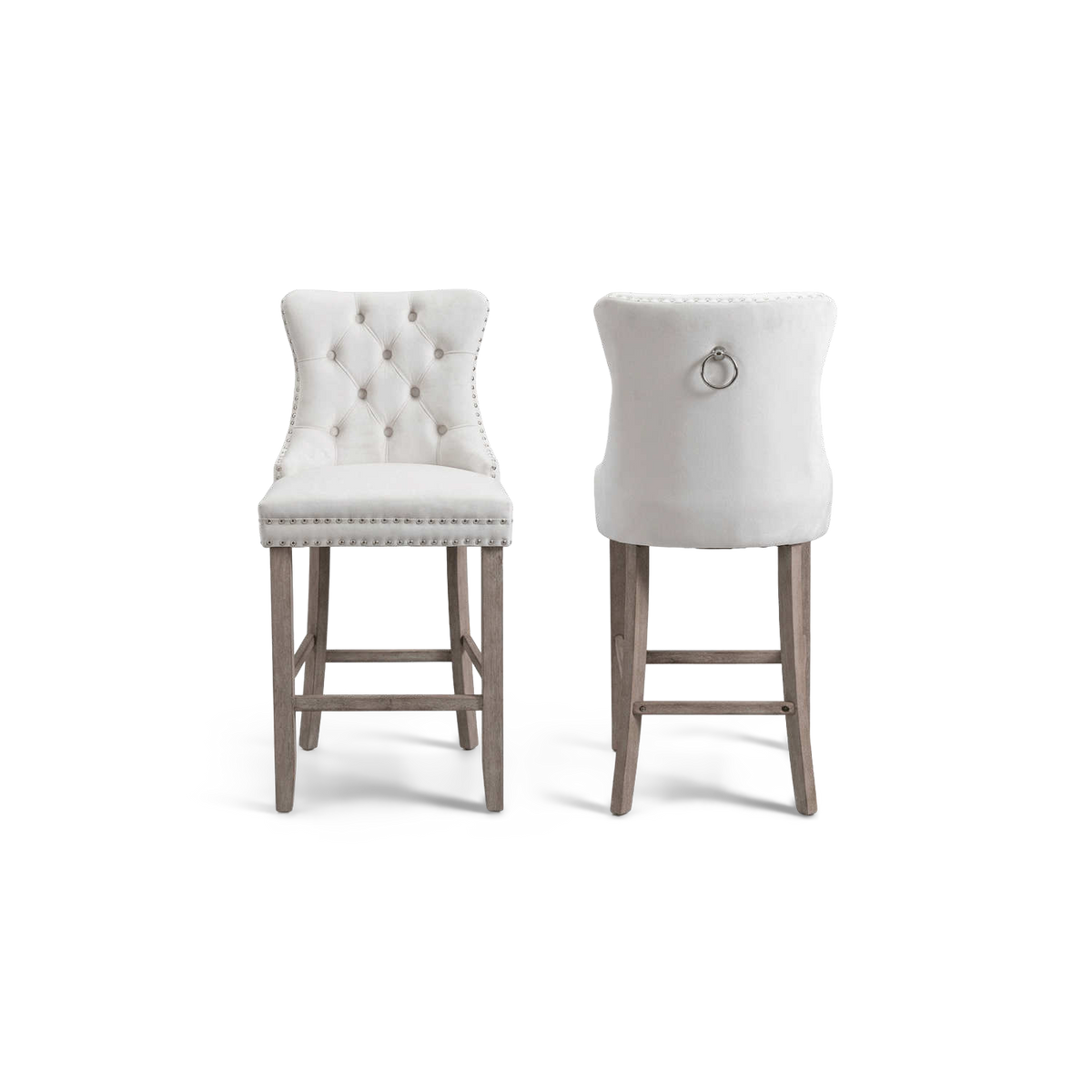 Beige velvet stools with weathered wood legs, front and back (plain studio)