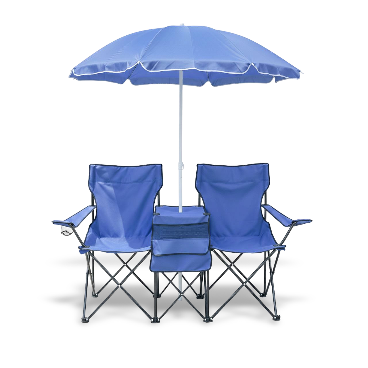 Two-person portable folding chair set with a central removable sun umbrella; features a built-in cooler bag and cup holders for outdoor comfort.