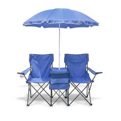 Two-seat folding chair with removable umbrella set up outdoors with a padded double seat and center console.