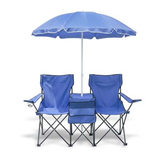 Two-person portable folding chair set with a central removable sun umbrella; features a built-in cooler bag and cup holders for outdoor comfort.