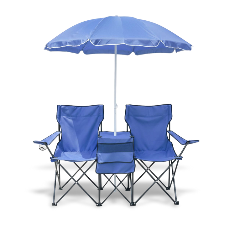 Two-person portable folding chair set with a central removable sun umbrella; features a built-in cooler bag and cup holders for outdoor comfort.