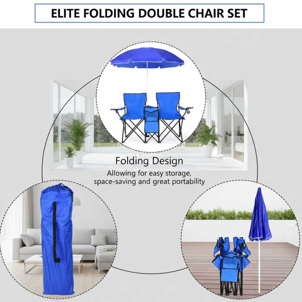 Two-person folding outdoor chair with removable sun umbrella for shade during outdoor gatherings.