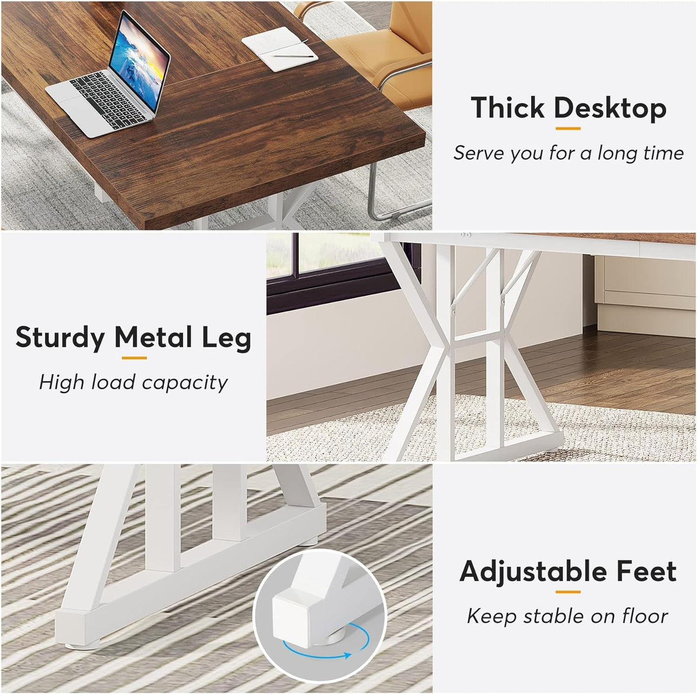 70.8-inch two-tone brown and white executive desk with white metal legs and adjustable feet, laptop on surface.