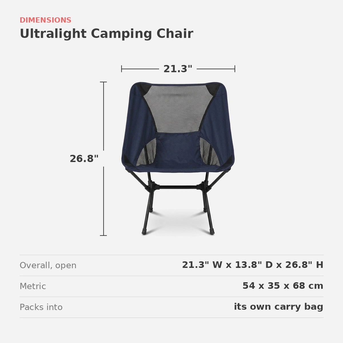 Dimensions of the chair: 21.3 in. wide, 13.8 in. deep, 26.8 in. high (dimensions)