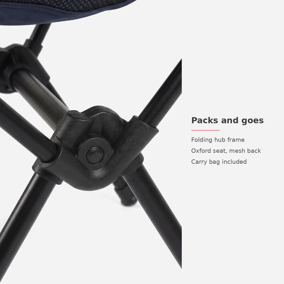 Folding hub frame, Oxford seat with mesh back, carry bag included (feature callout)