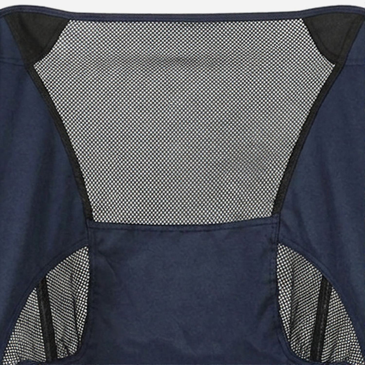 Open grey mesh back panel and the two seat-front mesh pockets on navy Oxford cloth (close-up detail)