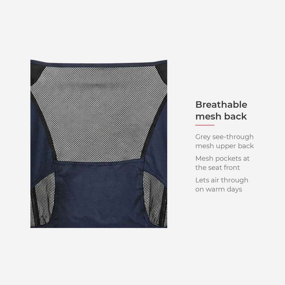 Breathable mesh back and two seat pockets (feature callout)