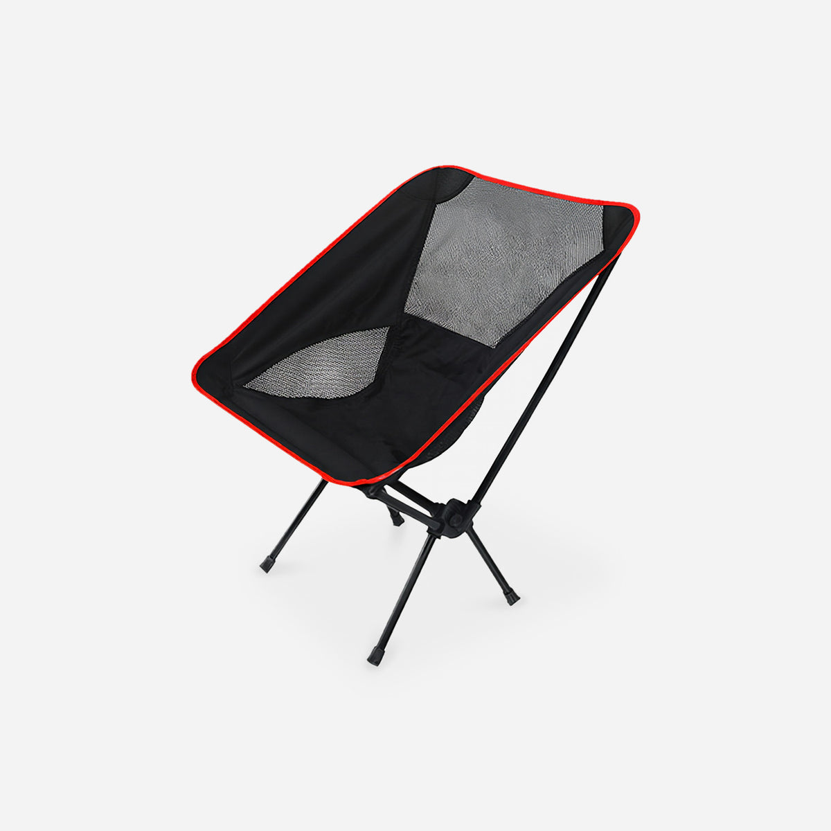 Folding chair in black Oxford cloth with red binding and black mesh, soft contact shadow (plain studio)