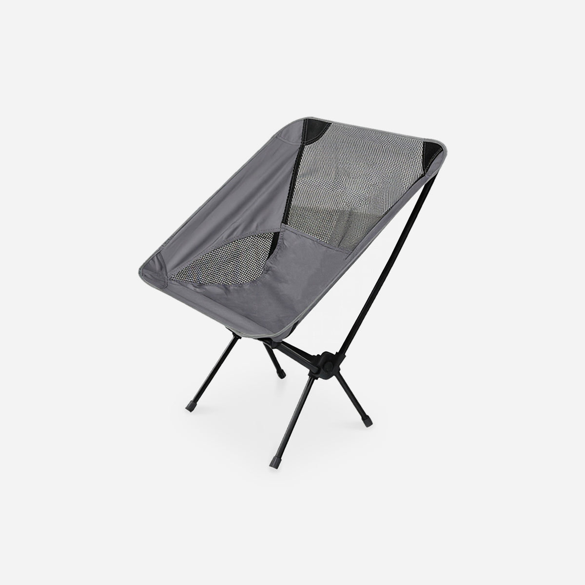 Folding chair in grey Oxford cloth with charcoal binding and mesh, soft contact shadow (plain studio)