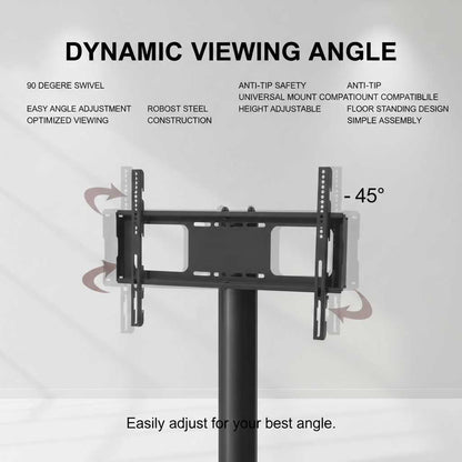Universal floor TV stand with 45-degree swivel and three-tier AV gear storage for 32 to 65 inch flat screen TVs.