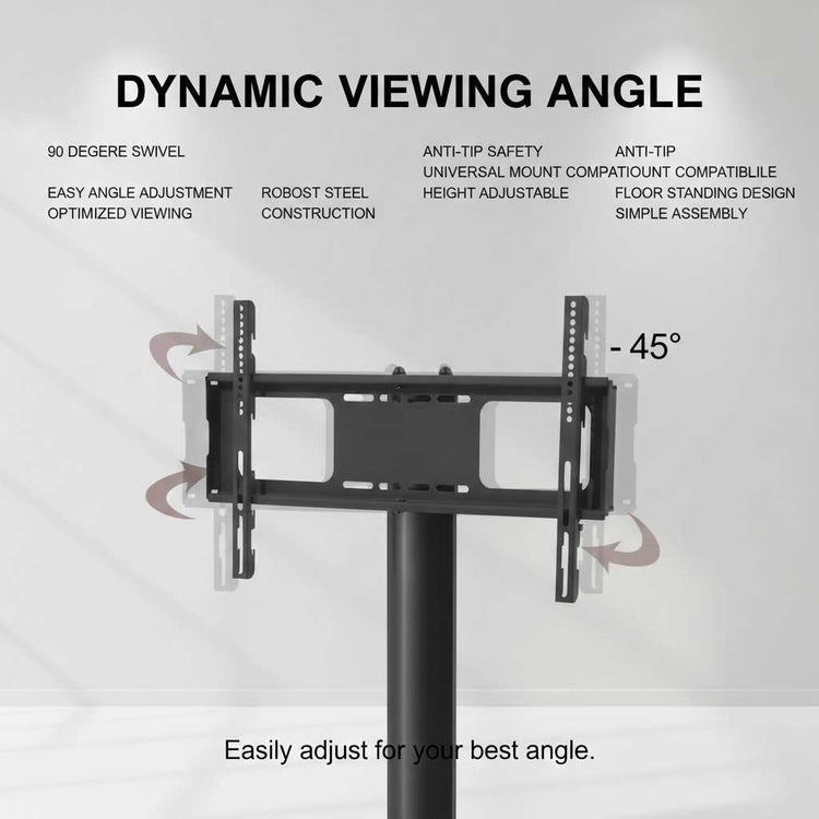 Universal floor TV stand with 45-degree swivel and three-tier AV gear storage for 32 to 65 inch flat screen TVs.