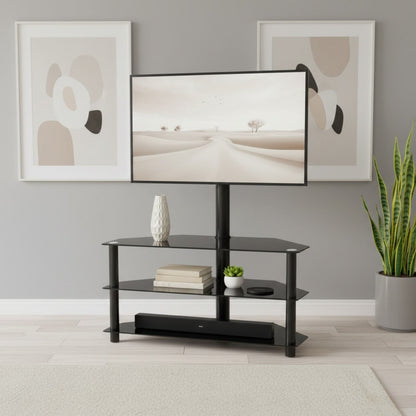 Multi-function TV stand with 3-tier storage and 45-degree swivel for 32-65 inch TVs, black glass shelves.