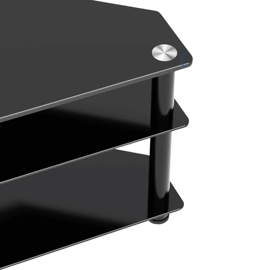Universal height-adjustable TV stand with 3-tier tempered glass shelves and 45-degree swivel for 32 to 65 inch televisions.