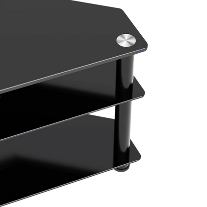 Universal height-adjustable TV stand with 3-tier tempered glass shelves and 45-degree swivel for 32 to 65 inch televisions.