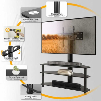 Height-adjustable universal TV stand with 45-degree swivel and 3-tier shelves for 32 to 65 inch TVs and AV gear.