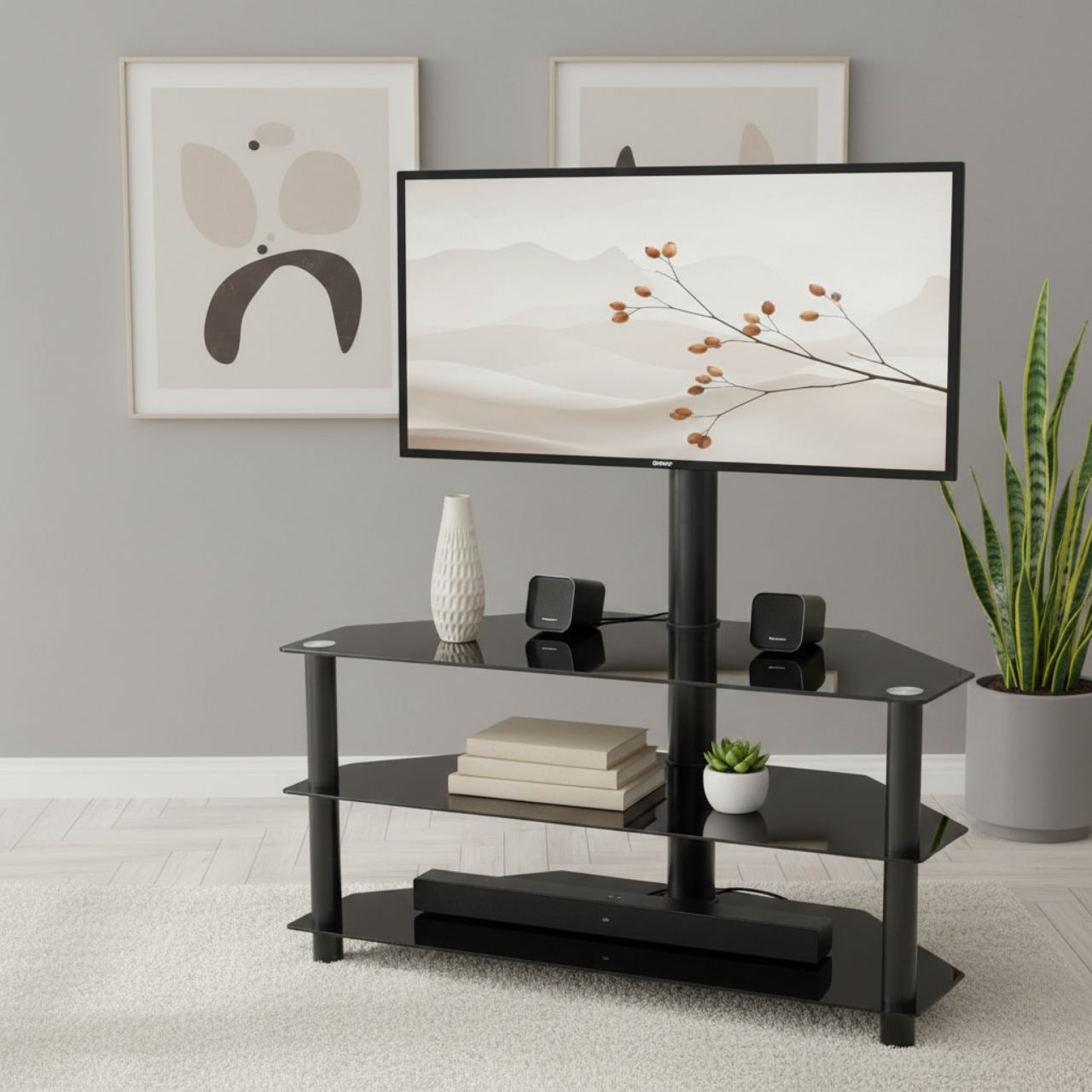 Height-adjustable 3-tier TV stand with glass shelves and 45-degree swivel for 32-65 inch TVs.
