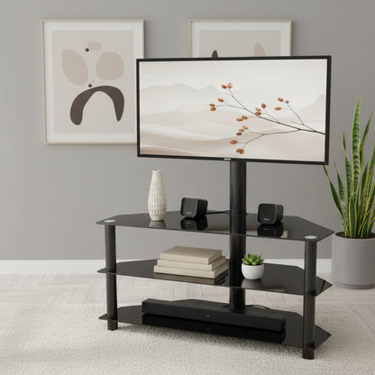 Height-adjustable 3-tier TV stand with glass shelves and 45-degree swivel for 32-65 inch TVs.