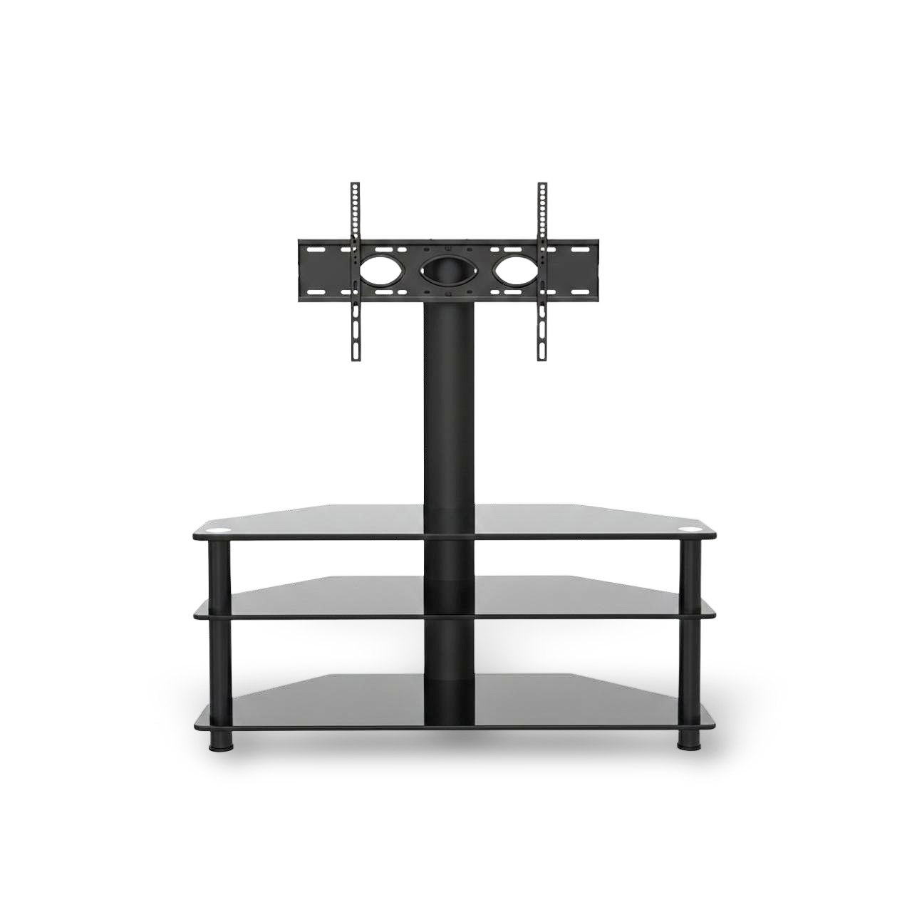 Height-adjustable TV stand with 45° swivel for 32–65-inch TVs and three-tier tempered glass shelves.