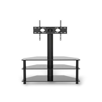 Height-adjustable TV stand with 45° swivel for 32–65-inch TVs and three-tier tempered glass shelves.