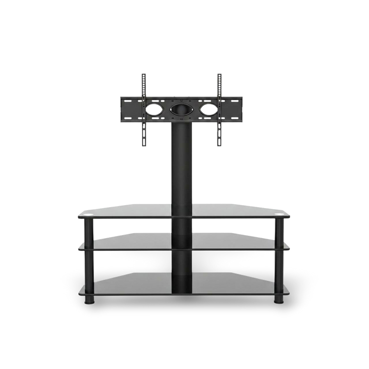 Height-adjustable TV stand with 45° swivel for 32–65-inch TVs and three-tier tempered glass shelves.